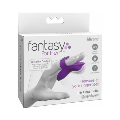 Packaging of the purple Fantasy For Her Finger Vibe showing the device worn on a finger with adjustable strap and product features.