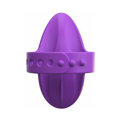Purple silicone finger vibe with adjustable strap for secure fit and versatile massage use.