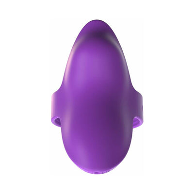 Purple silicone finger vibrator with adjustable strap and smooth ergonomic design.