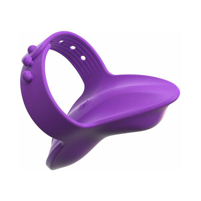 Purple silicone finger vibe with adjustable strap and textured button controls for versatile massage use.
