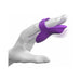 Purple silicone finger vibrator worn on two fingers shown on a white hand model with vibration motion effect.