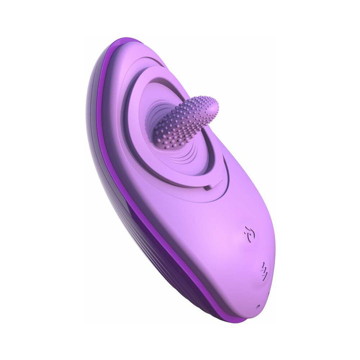 Purple silicone personal vibrator with textured tongue tip and ergonomic design for targeted stimulation.