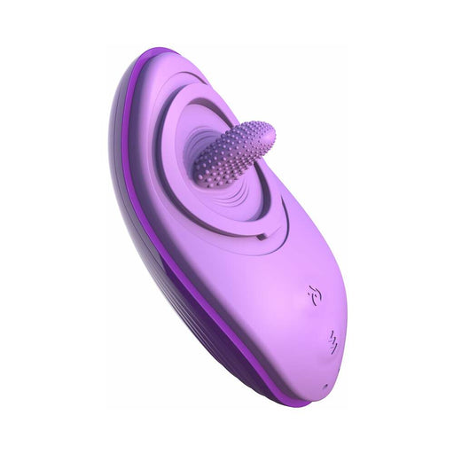 Purple silicone personal vibrator with textured tongue tip and ergonomic design for targeted stimulation.