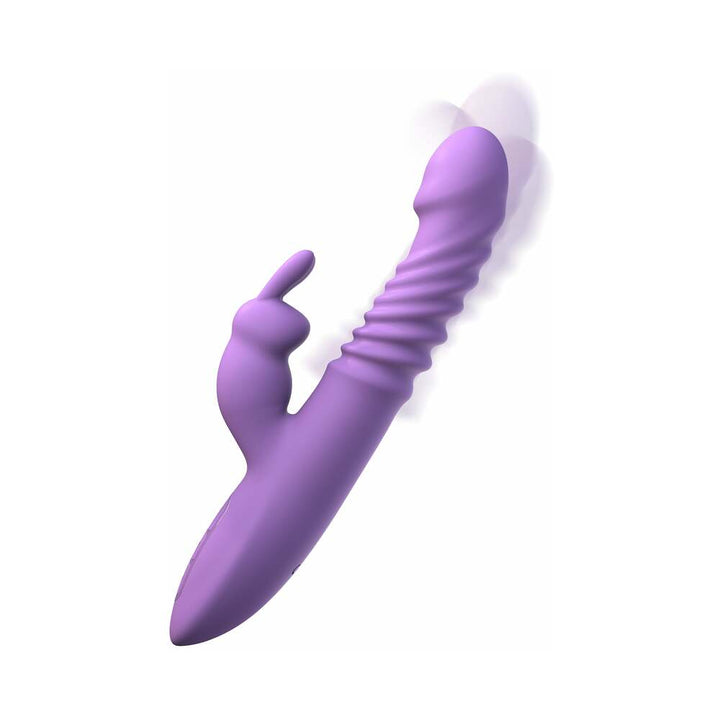 Purple silicone rabbit vibrator with textured shaft and dual clitoral stimulators shown in motion on white background.