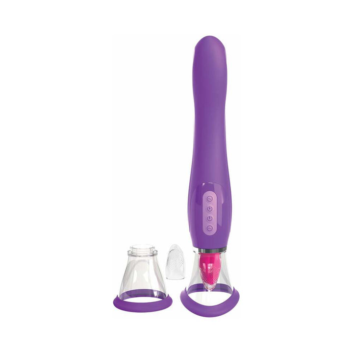 Purple ergonomic pleasure device with multiple attachments and control buttons for customizable stimulation.