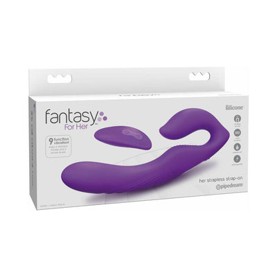 Purple strapless strap-on with remote control displayed on white packaging box for Fantasy for Her product.