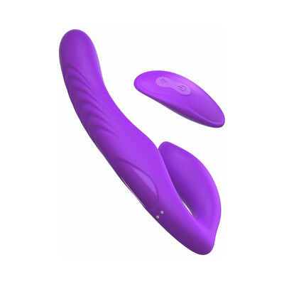 Purple strapless dual-motor silicone strap-on with textured shaft and wireless remote control.