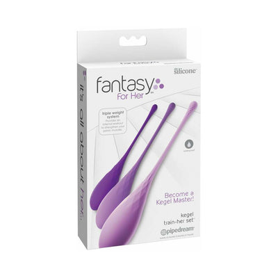 Fantasy For Her Kegel Train Her Set in three graduated purple silicone weights for pelvic muscle strengthening.