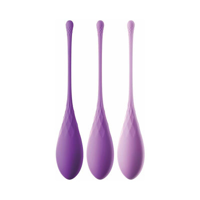 Set of three purple silicone kegel trainers in graduated sizes for pelvic floor strengthening and intimate wellness.
