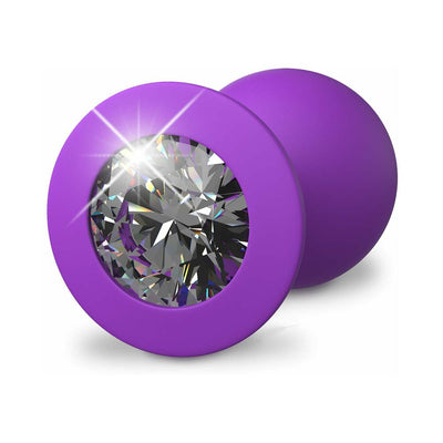 Purple medium-sized silicone plug with a sparkling jewel base for comfortable and stylish intimate play.