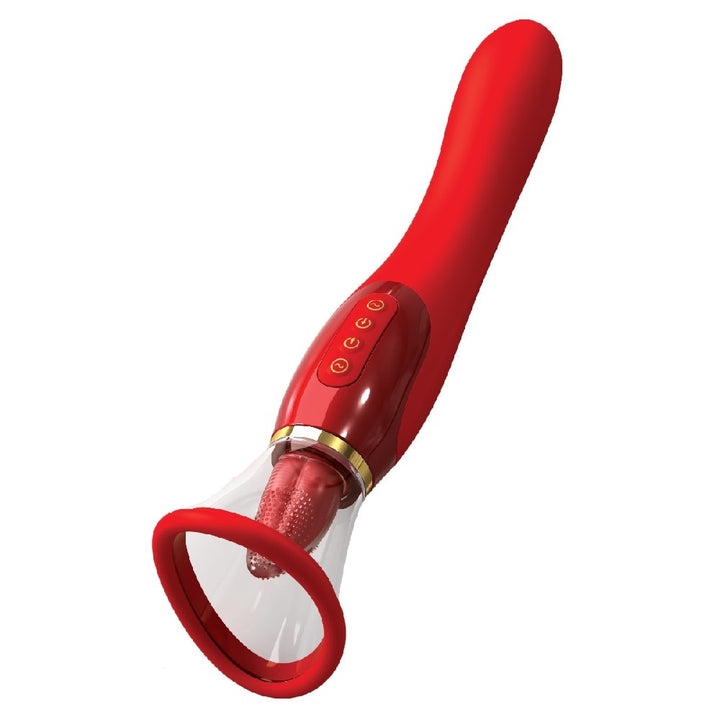 Red luxury personal massager with gold accents, oval suction cone, textured motorized tongue, and control buttons on handle.
