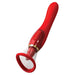 Red luxury personal massager with gold accents, oval suction cone, textured motorized tongue, and control buttons on handle.