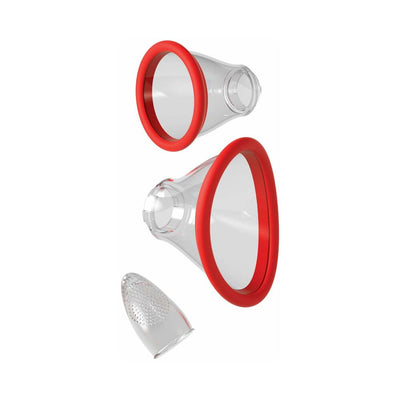 Set of clear silicone attachments with red rims and textured tip for customizable pleasure device use.