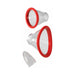 Set of clear silicone attachments with red rims and textured tip for customizable pleasure device use.