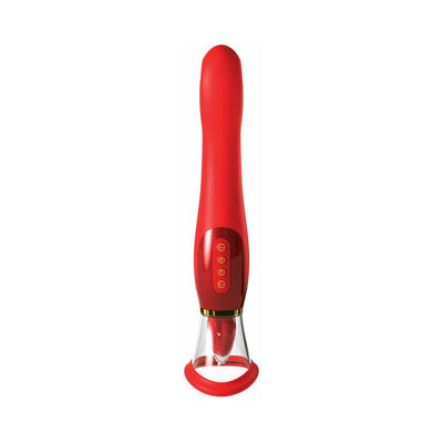 Red luxury personal massager with gold accents and clear suction tip, featuring control buttons on the handle.