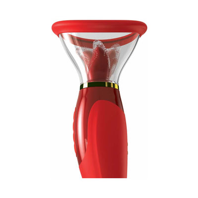 Red and gold-accented luxury personal massager with a clear oval cone and textured motorized tongue inside.