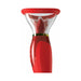 Red and gold-accented luxury personal massager with a clear oval cone and textured motorized tongue inside.