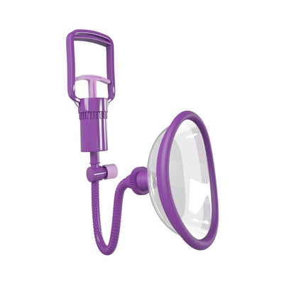 Purple pleasure pump with clear suction cup and ergonomic trigger handle for enhanced sensitivity and arousal.