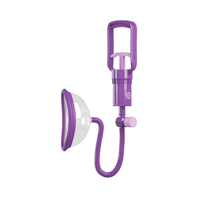Purple pleasure pump with clear suction cup and ergonomic trigger handle connected by flexible tubing.