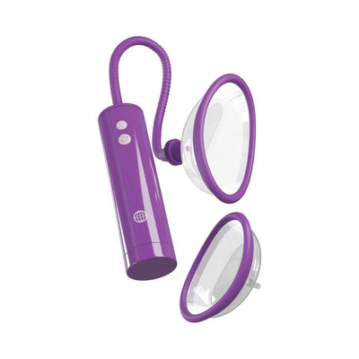 Purple rechargeable pleasure pump kit with two clear domed attachments and flexible hose control unit.