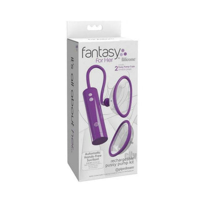 Purple rechargeable pleasure pump kit with two silicone domed cups in retail packaging