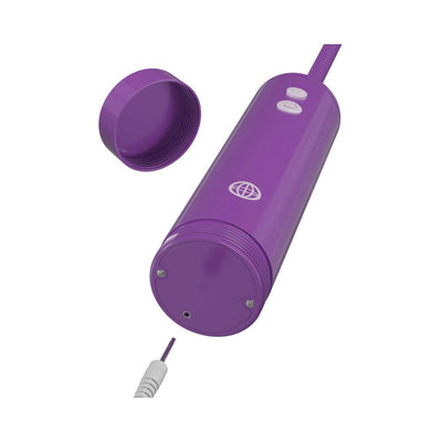 Purple rechargeable pleasure pump controller with power and suction buttons and detachable cap.
