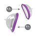 Two clear domed pleasure pumps with purple silicone rims, shown with size measurements of 4.3 and 5.1 inches.