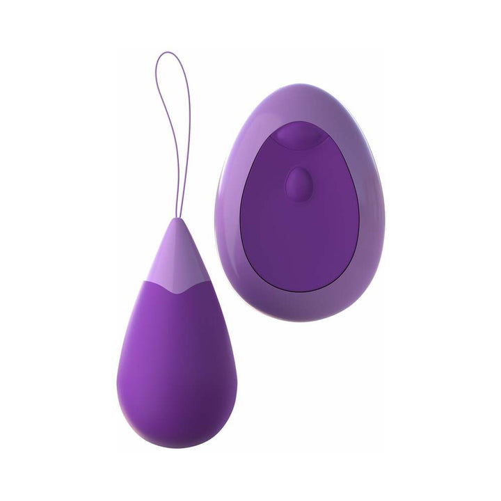 Purple silicone remote-controlled kegel exerciser with matching oval remote on white background.