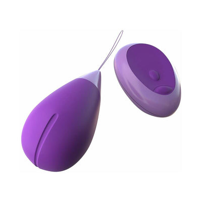 Purple silicone remote-controlled kegel exerciser with matching oval remote on white background.