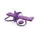 Purple lace waistband strap-on with curved G-spot stimulator and wireless remote control on white background.