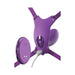 Purple butterfly-shaped G-spot strap-on with adjustable straps and wireless remote charging cable attached.