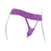 Purple lace waistband strap-on with adjustable straps and curved base designed for G-spot stimulation.