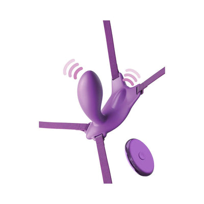 Purple G-spot butterfly strap-on with adjustable straps and wireless remote for hands-free vibration pleasure.