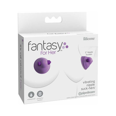 Fantasy For Her Vibrating Nipple Suck-Hers in purple silicone with waterproof and powerful suction features shown in retail packaging.