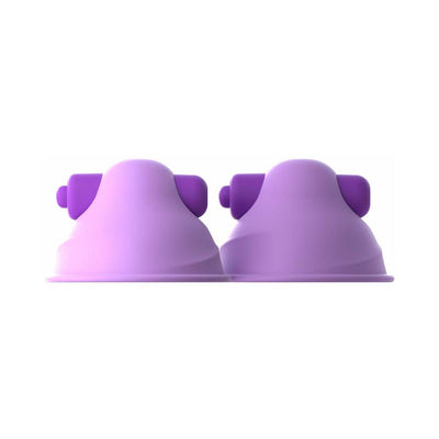 Pair of purple silicone vibrating nipple suction devices with compact design and rounded tips on a white background.