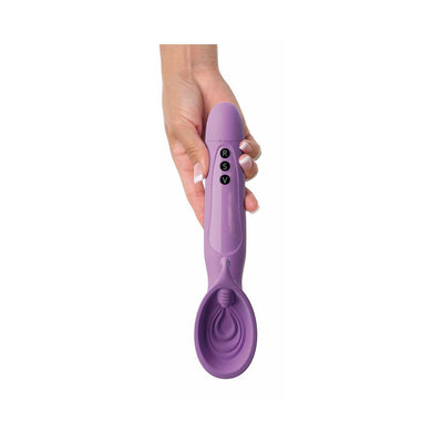 Hand holding a purple vibrating roto suction device with three black control buttons labeled R, S, and V on a white background.