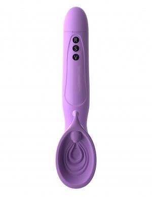 Purple silicone vibrating roto suction device with three control buttons on handle, designed for intimate pleasure.