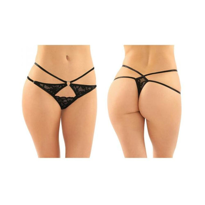 Front and back view of black strappy lace thong with front keyhole cutout on model.