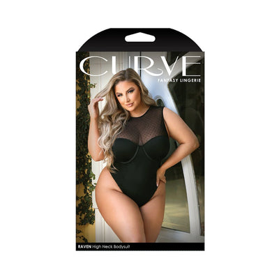 Plus size model wearing a black high-neck bodysuit with sheer polka dot mesh and underwire cups.