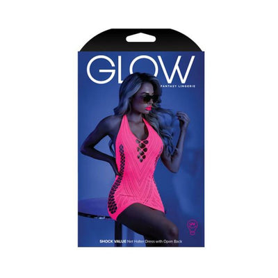 Packaging image of a neon pink net halter dress with open back from Glow Fantasy Lingerie, modeled with sunglasses in blue lighting.