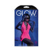 Packaging image of a neon pink net halter dress with open back from Glow Fantasy Lingerie, modeled with sunglasses in blue lighting.