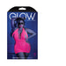 Plus size model wearing neon pink net halter dress with open back and cutout details, posing with sunglasses against blue background.