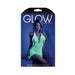 Packaging image of a neon green glow net halter dress with open back from Fantasy Lingerie, modeled on a seated woman.