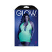Plus size model wearing neon green net halter dress with open back on Glow Fantasy Lingerie packaging.