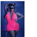 Plus size model wearing neon pink fishnet halter dress with open back and cutout details, posing with sunglasses in blue lighting.