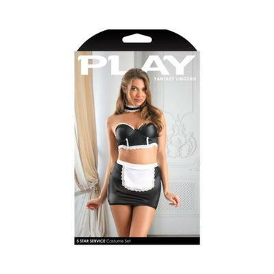 Model wearing black wetlook bustier with white trim, adjustable open-back skirt with white apron, matching choker costume set.