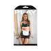 Model wearing black wetlook bustier with white trim, adjustable open-back skirt with white apron, matching choker costume set.