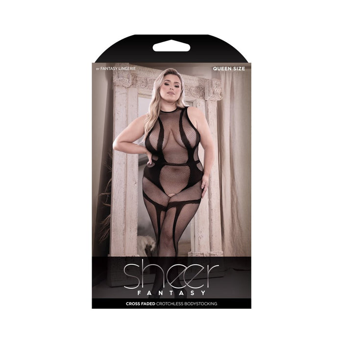 Fantasy Lingerie Sheer Cross Faded High Neck Crotchless Bodystocking Black Queen Size - SexToy.com