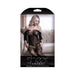 Packaging image of sheer black off-shoulder teddy net gartered bodystocking with lace details worn by a seated model
