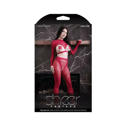 Fantasy Lingerie Sheer Follow Up Longsleeve Open Top, Crotchless Tights & 1 Pair Of Pasties Red O/s - SexToy.com